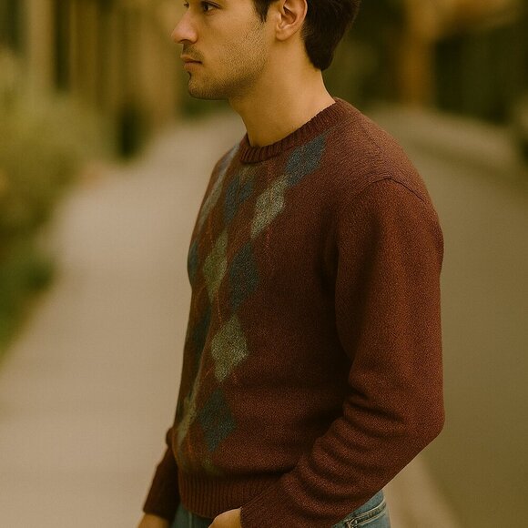 Vintage Made in England 100% Wool Argyle Sweater L – Burgundy Heather, Blue/Grey - Picture 9 of 9